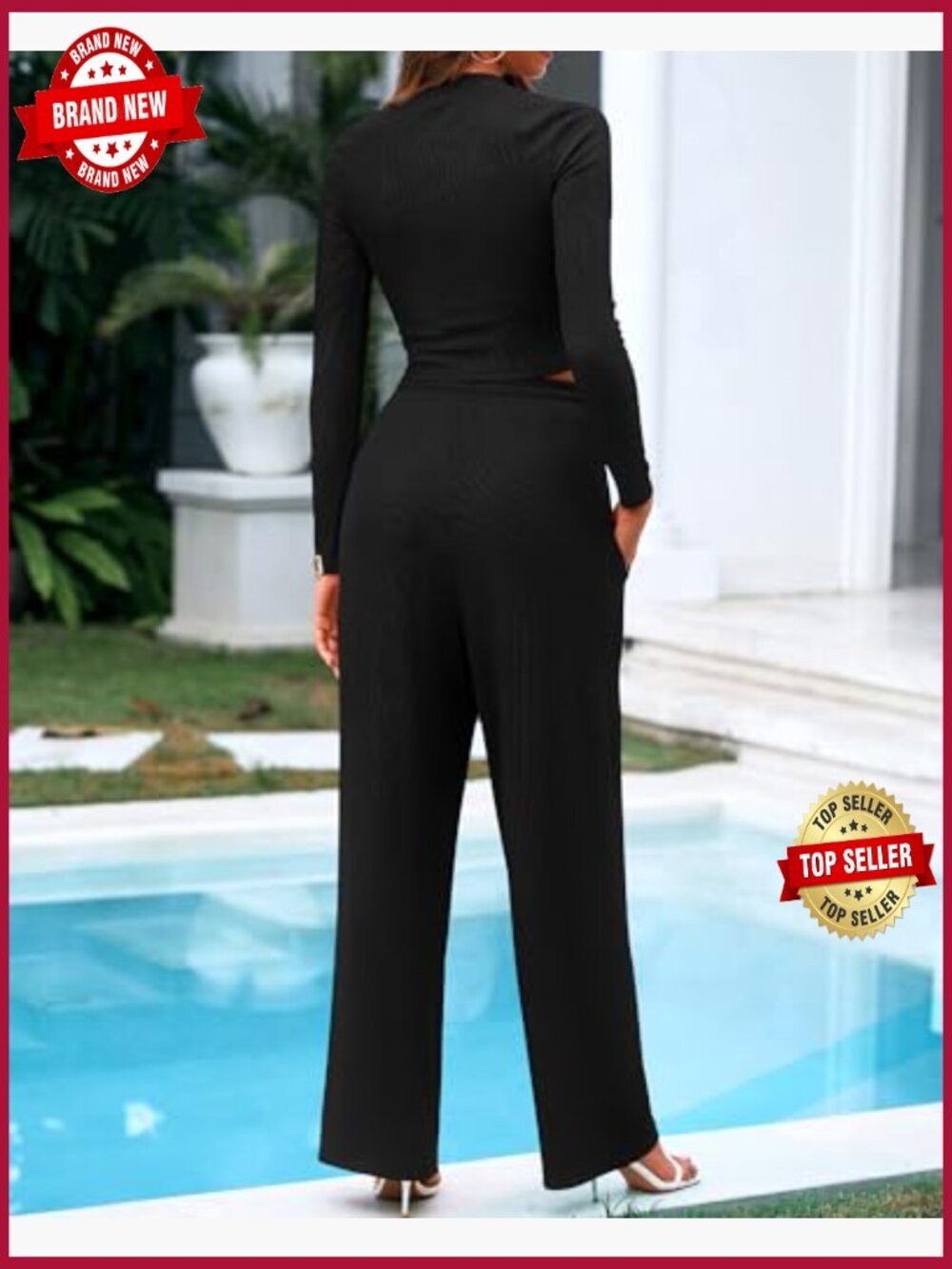 Ribbed Lounge Set - Crop Top & Wide Leg Pants - Picture 3 of 7